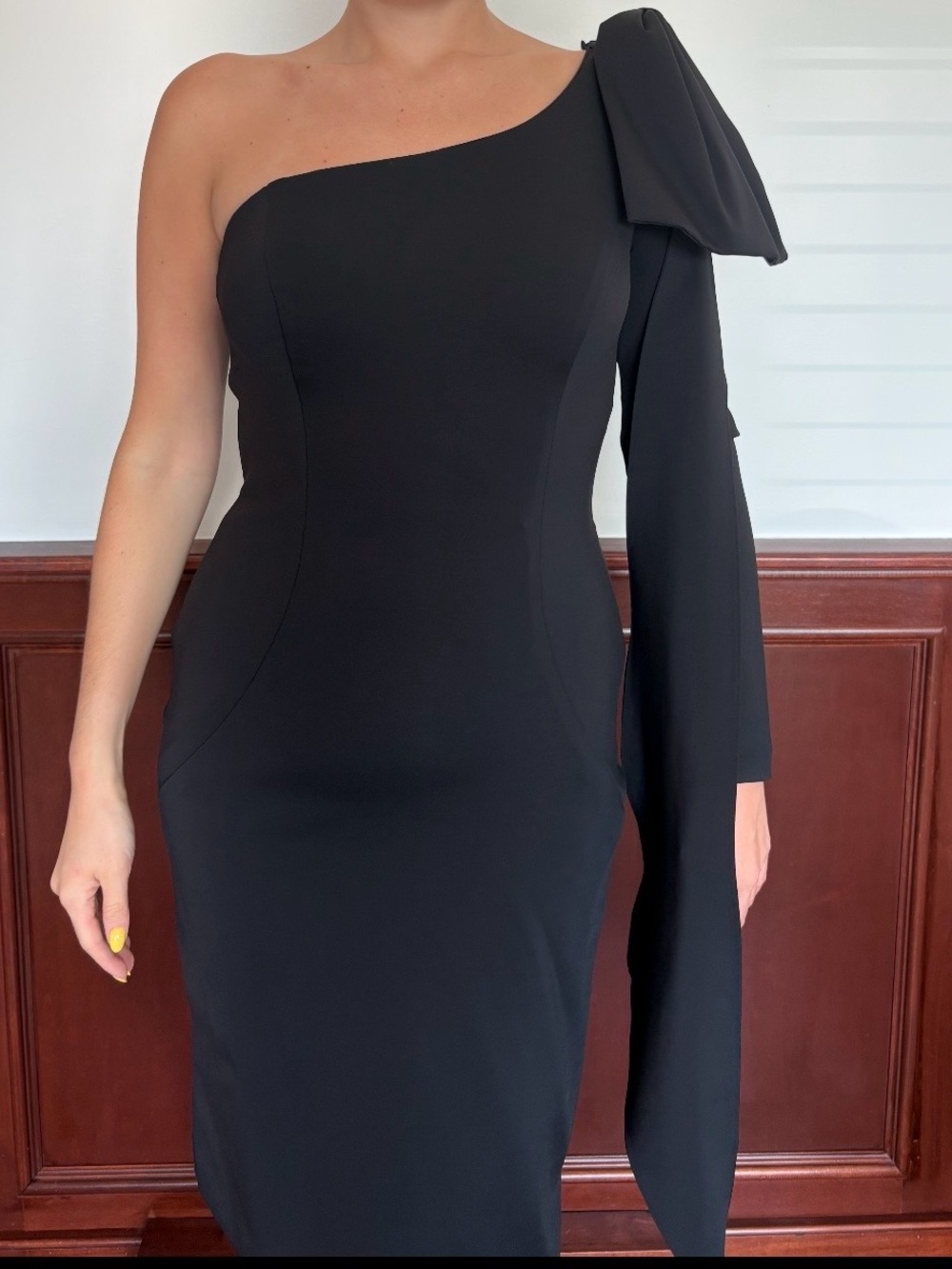 One-Shoulder Black Draped Sleeve Dress